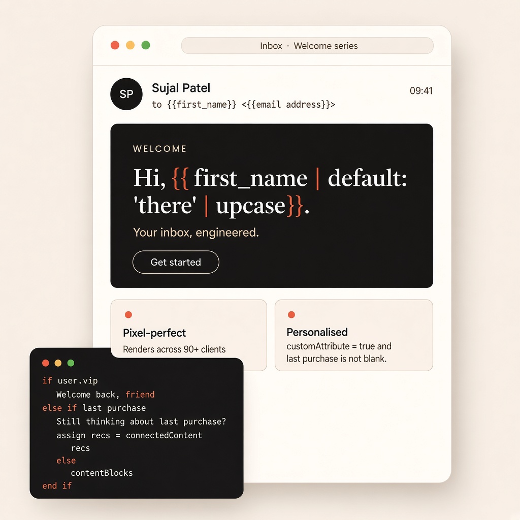 Email mockup showing a welcome campaign with Braze Liquid personalisation